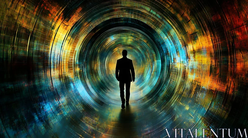 Mystical Silhouette in a Vibrant Abstract Tunnel