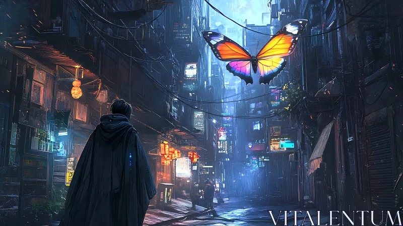 Neon-Lit Cyberpunk Cityscape with Enigmatic Butterfly