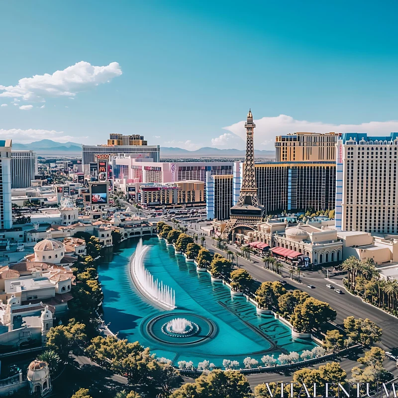 Las Vegas Strip Skyline with Eiffel Tower and Fountain AI Image