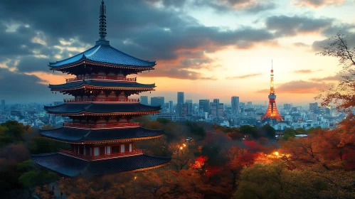 Japanese Pagoda and Urban Skyline during Sunset