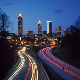 Night Cityscape with Light Trails and Illuminated Skyscrapers