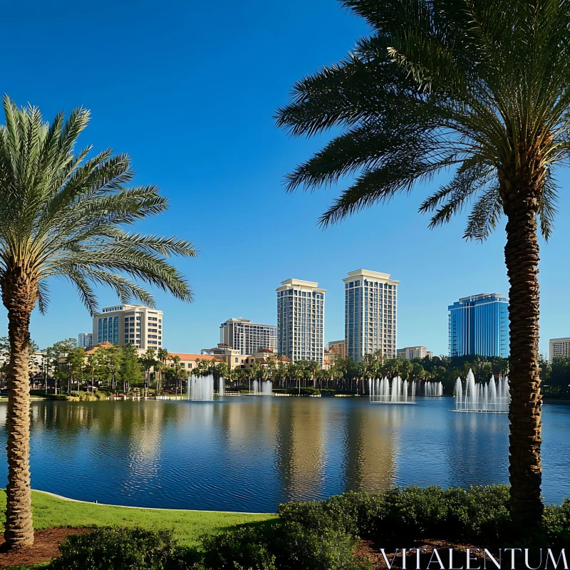 Urban Oasis with Fountains and High-Rises AI Image