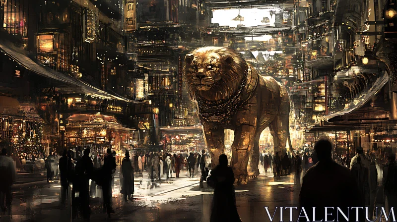 Cyberpunk City with Giant Robotic Lion AI Image