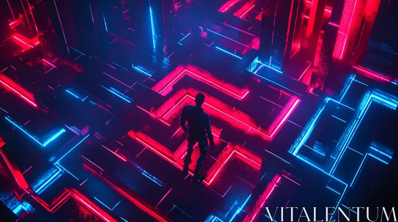 Futuristic Neon Labyrinth with Human Silhouette AI Image