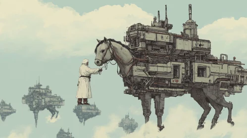 Man and Robotic Horse on Floating Platforms