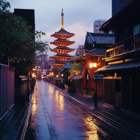 Peaceful Japanese Street at Night with Pagoda and Reflections