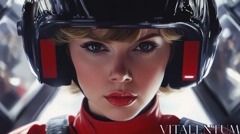 Intense Gaze of a Female Spaceship Pilot AI Image