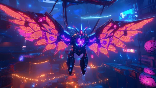 Cyborg with Neon Butterfly Wings in High-Tech Environment