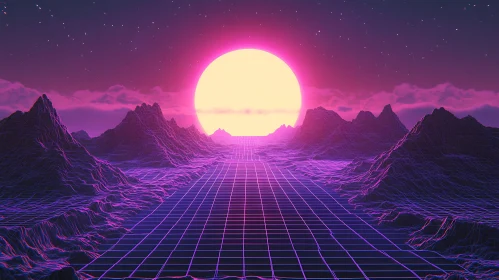 Wireframe Landscape with Neon Sunset