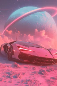 Sleek Futuristic Car Against a Planetary Backdrop