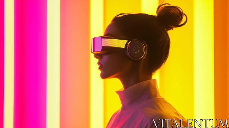 AI ART Woman in VR Headset Against Neon Stripes