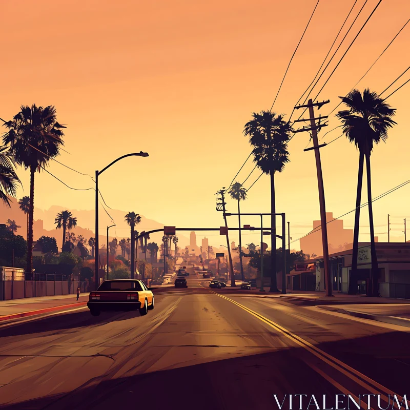 Urban Sunset with Palm Trees and Cars AI Image