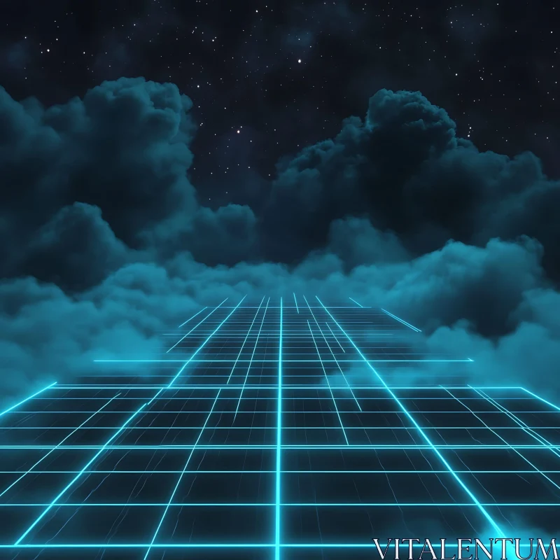 Digital Cloudscape with Glowing Grid and Starry Sky AI Image