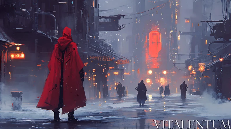 Cyberpunk City with Mysterious Cloaked Figure AI Image