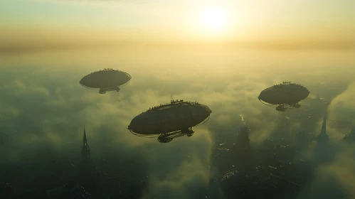 Futuristic Airships Floating Over a Misty City