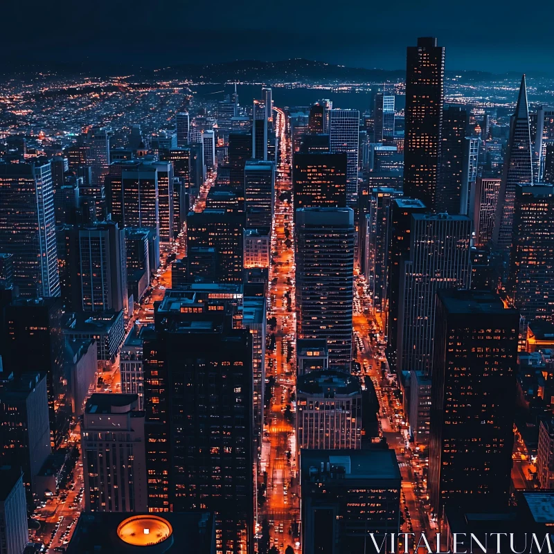 Urban Nightscape with Skyscrapers and Illuminated Streets AI Image