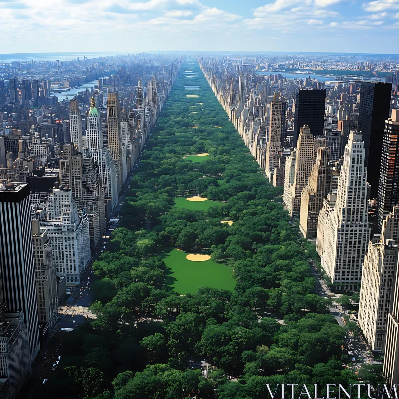 Aerial View of Urban Park Flanked by Skyscrapers AI Image