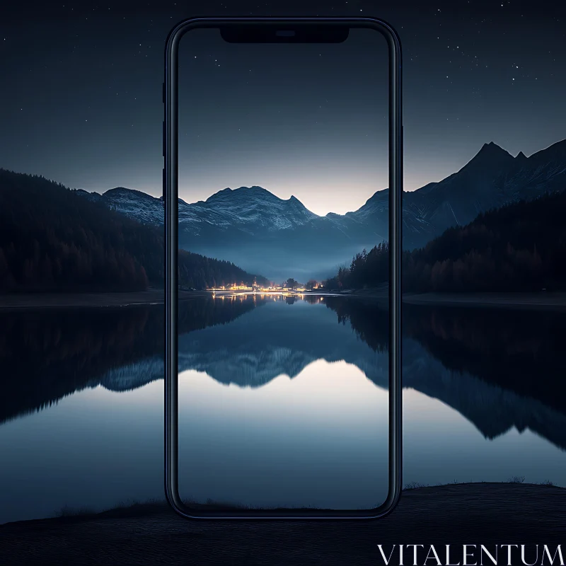 AI ART Nighttime Mountain Reflection Captured in Smartphone