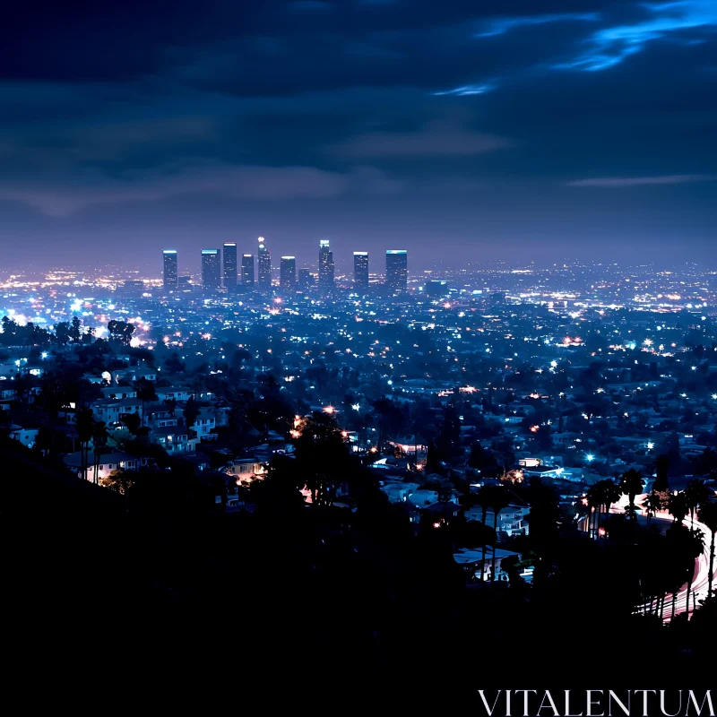 City Skyline at Night with Glowing Lights AI Image