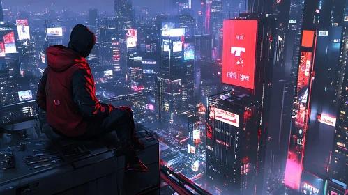 Futuristic Cyberpunk City with Hooded Observer