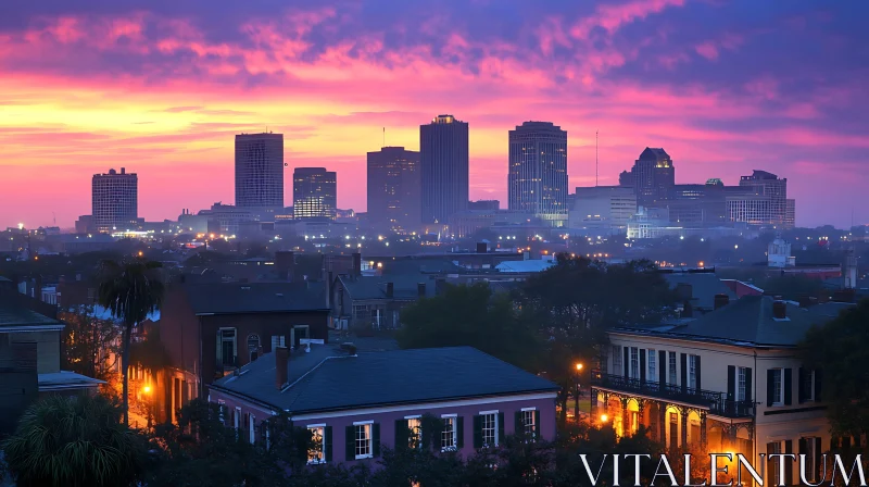 AI ART Urban Skyline at Dusk with Vibrant Sky