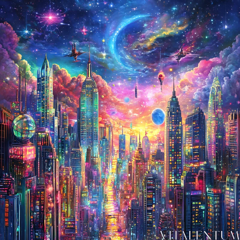 Futuristic City with Celestial Sky AI Image