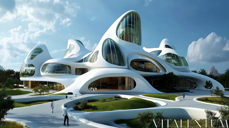 AI ART Modern Architecture with Curved Surfaces and Landscaped Setting