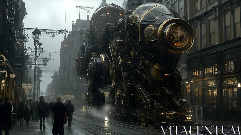 Victorian Steampunk Train in Rainy City AI Image