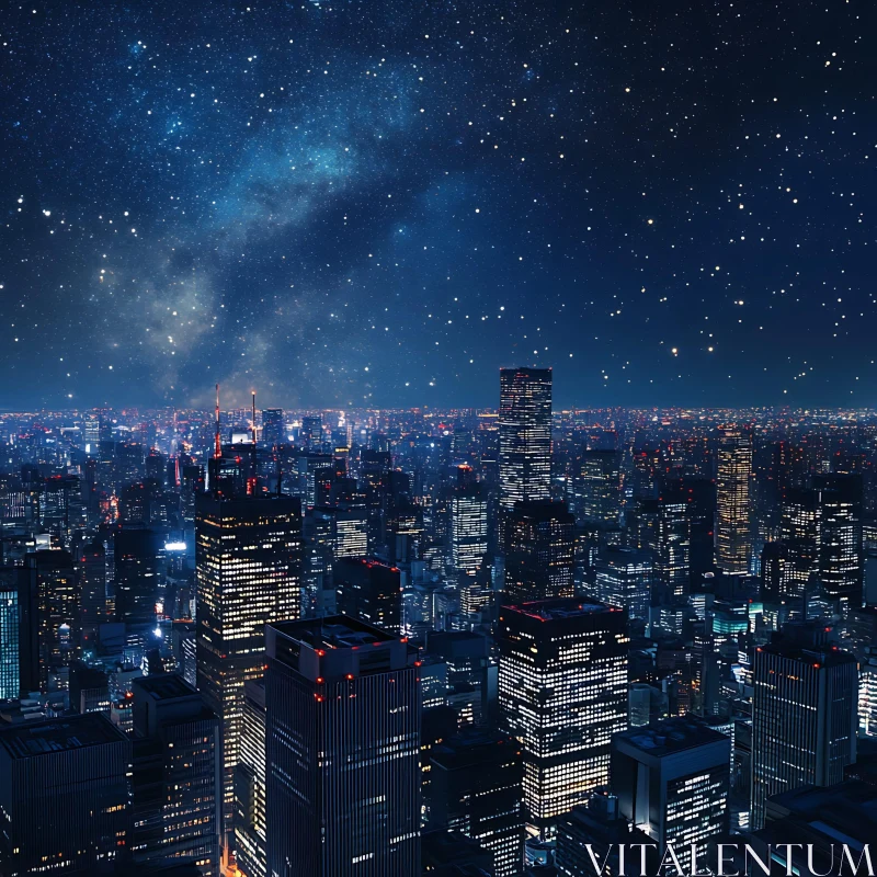 Majestic Nighttime Urban Scene with Twinkling Stars AI Image