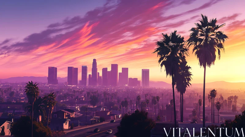 AI ART Urban Landscape with Sunset and Palm Trees