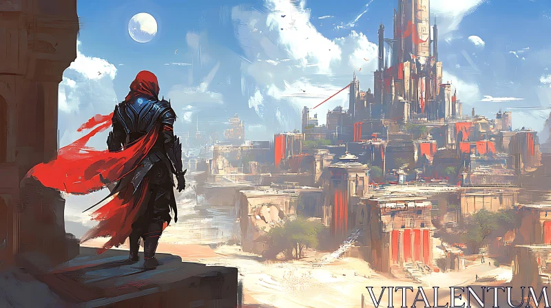 Warrior in Red Cape with Castle View AI Image