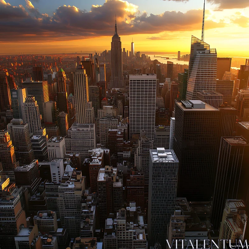 Urban Skyline during Sunset with Glowing Buildings AI Image