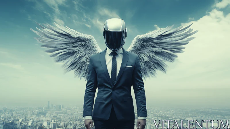 Futuristic Winged Figure in Urban Environment AI Image