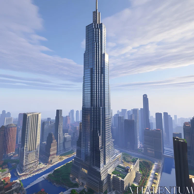 Urban Skyline with Towering Skyscraper AI Image