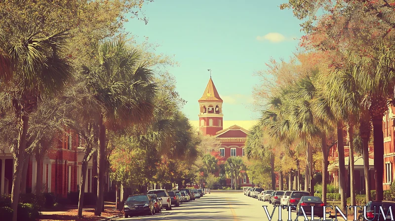 Palm-lined Residential Street with Majestic Building AI Image