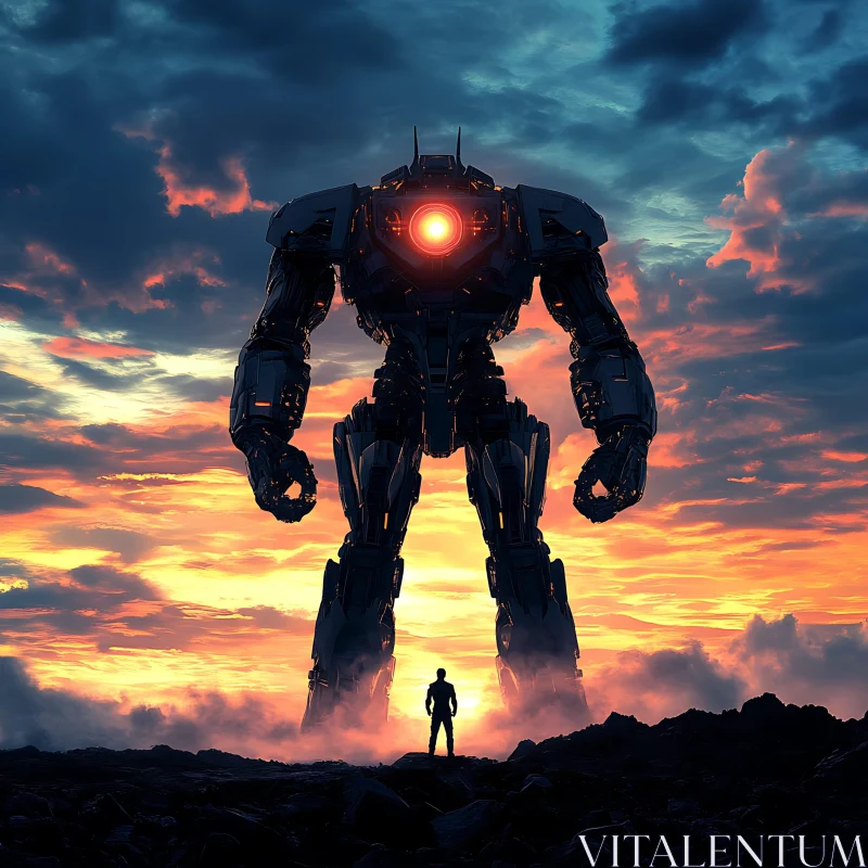 Giant Robotic Figure with Glowing Red Eye at Sunset AI Image