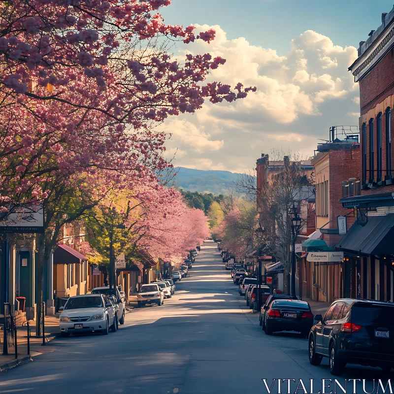 Urban Street Scene with Blooming Cherry Trees AI Image