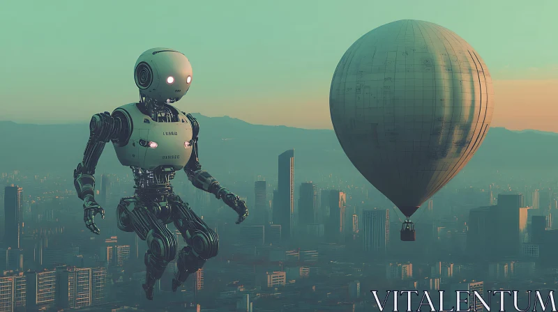 Robot Hovering with Hot Air Balloon at Sunset AI Image