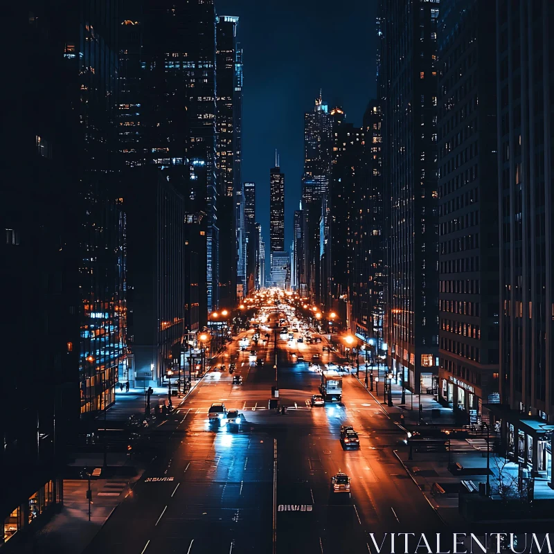 Illuminated City Street at Night with Skyscrapers AI Image