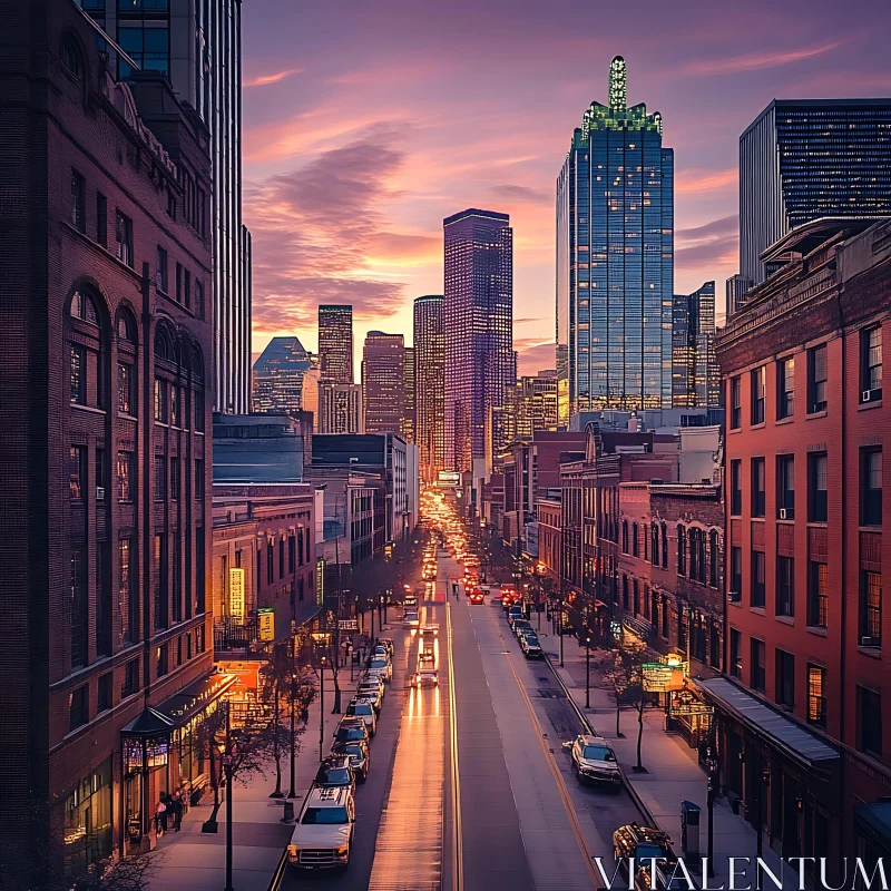 City Street at Sunset with Skyscrapers and Historic Buildings AI Image