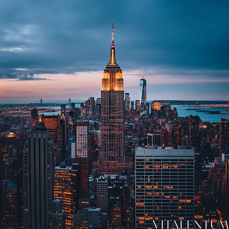 Twilight Cityscape with Illuminated Skyscrapers AI Image