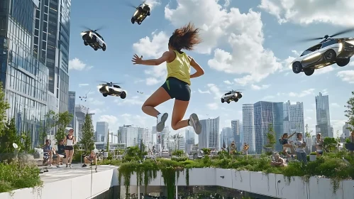 Modern Cityscape with Aerial Park and Flying Vehicles