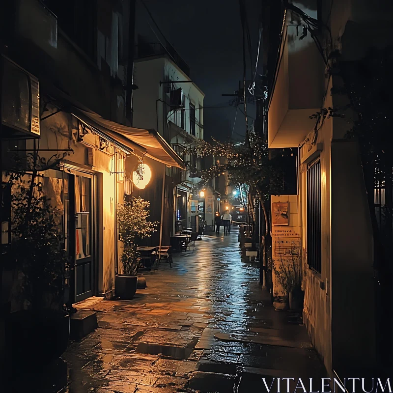 Tranquil Night City Alley with Warm Lighting AI Image