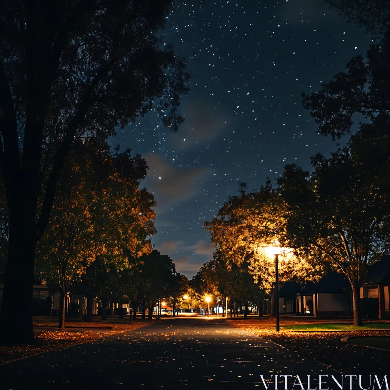 Peaceful Nighttime Street Scene AI Image