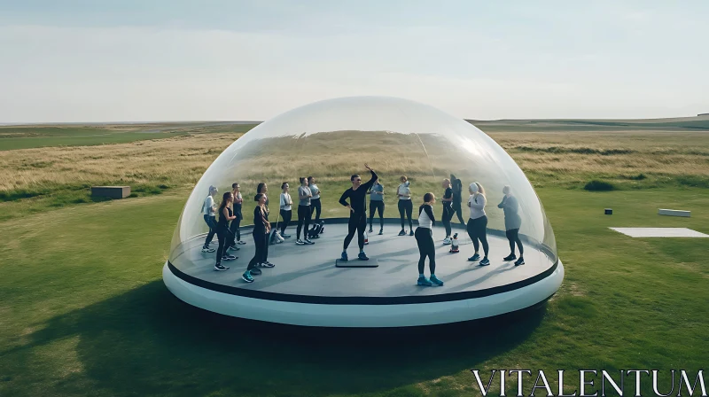 AI ART Fitness Session in Modern Dome on Grass Field