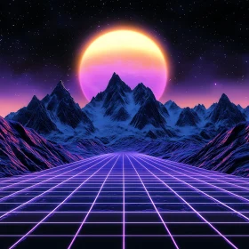 Synthwave Mountain Vista with Neon Grid