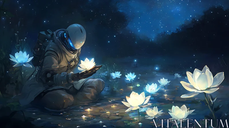 Surreal Astronaut in a Luminous Lotus Pond AI Image