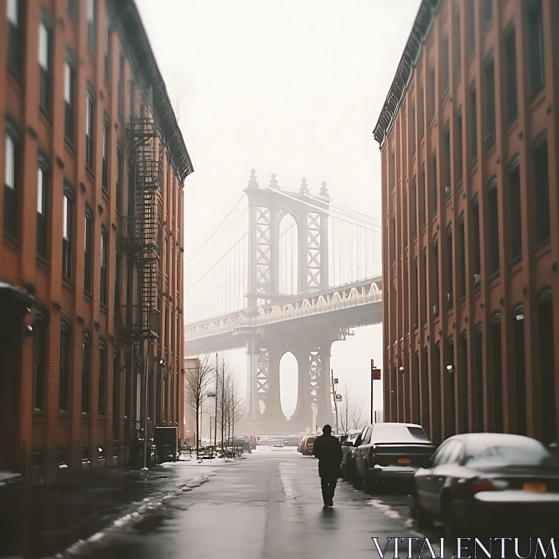 AI ART Misty Cityscape with Red-Brick Buildings and Bridge