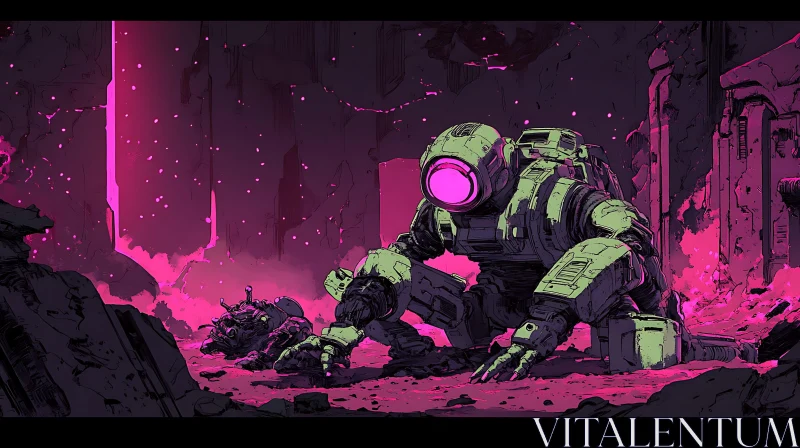 Sci-Fi Robot with Pink Visor in Post-Apocalyptic Ruins AI Image