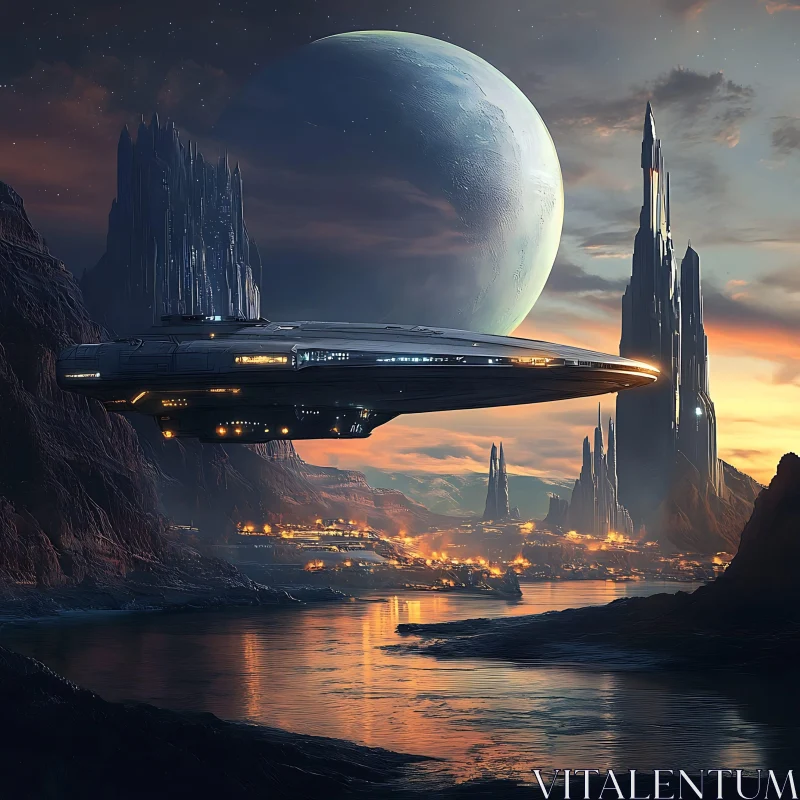 AI ART Sci-Fi Scene with Spaceship over River